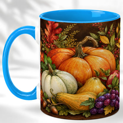 #pl[11oz|Blue] Rustic Autumn Harvest Coffee Mug, Pumpkin Foliage Mug, Ceramic Cup