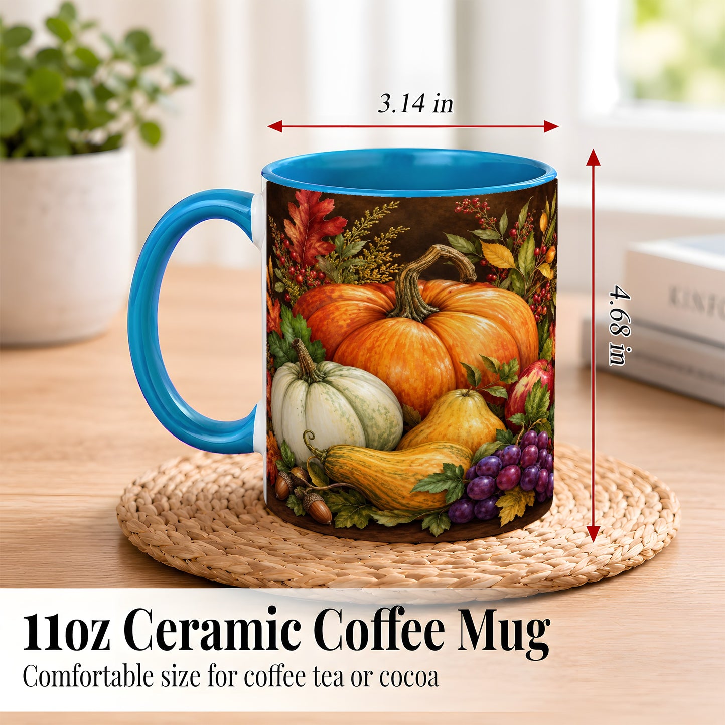 #pl[11oz|Blue] Rustic Autumn Harvest Coffee Mug, Pumpkin Foliage Mug, Ceramic Cup