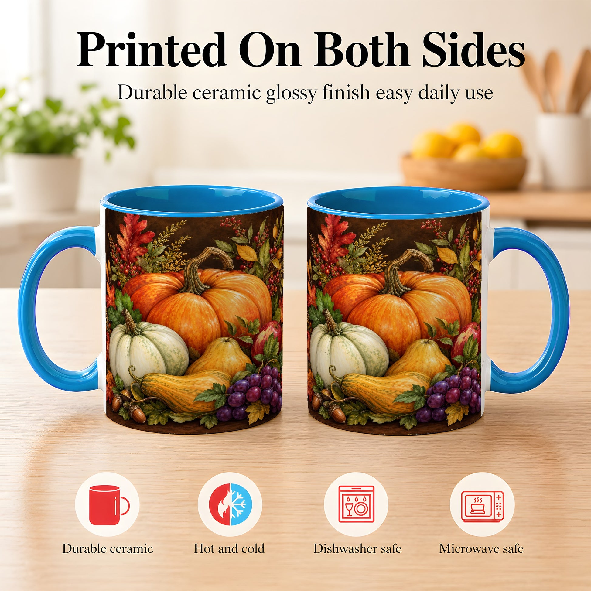 #pl[11oz|Blue] Rustic Autumn Harvest Coffee Mug, Pumpkin Foliage Mug, Ceramic Cup