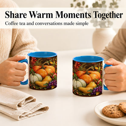 #pl[11oz|Blue] Rustic Autumn Harvest Coffee Mug, Pumpkin Foliage Mug, Ceramic Cup