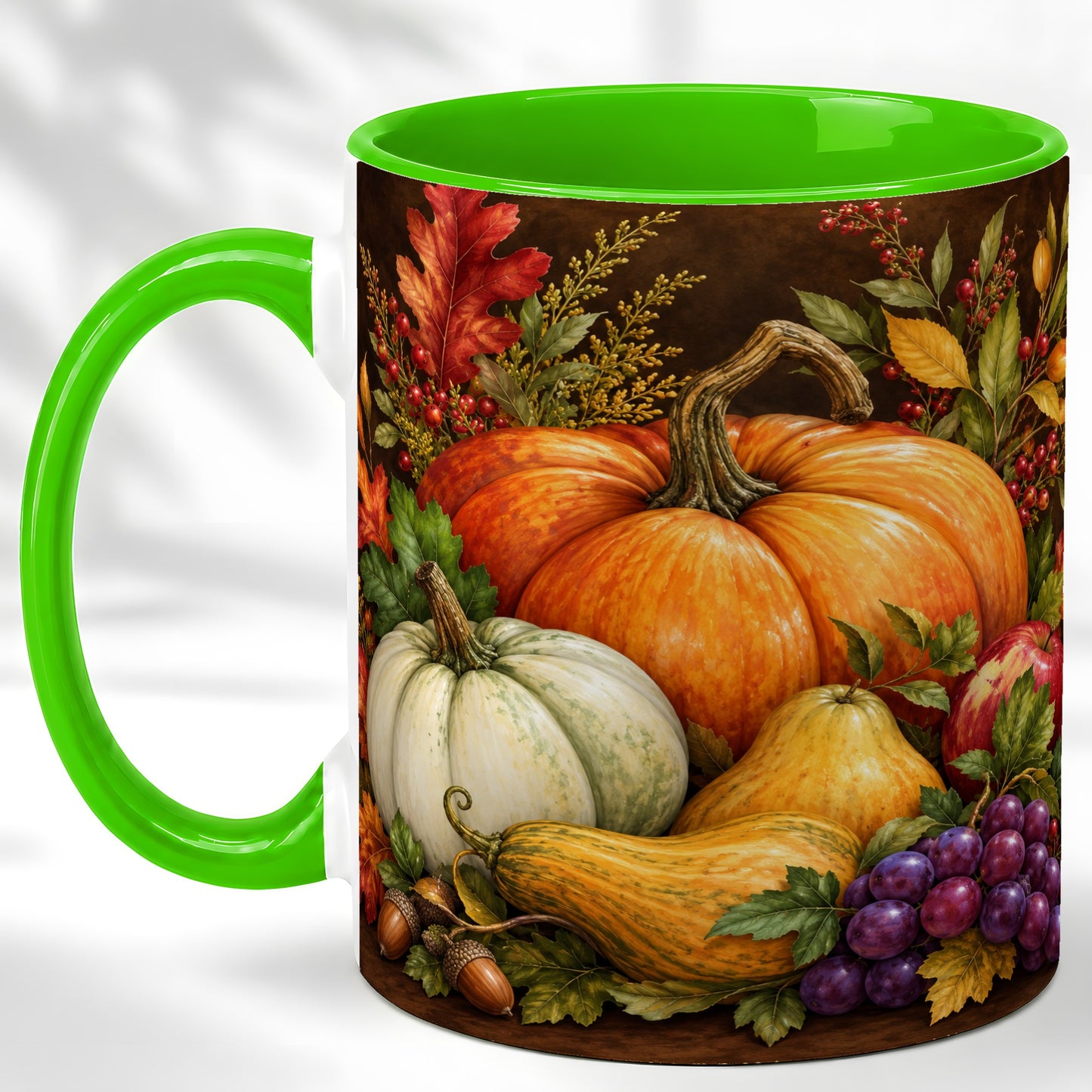 #pl[11oz|Green] Rustic Autumn Harvest Coffee Mug, Pumpkin Foliage Mug, Ceramic Cup