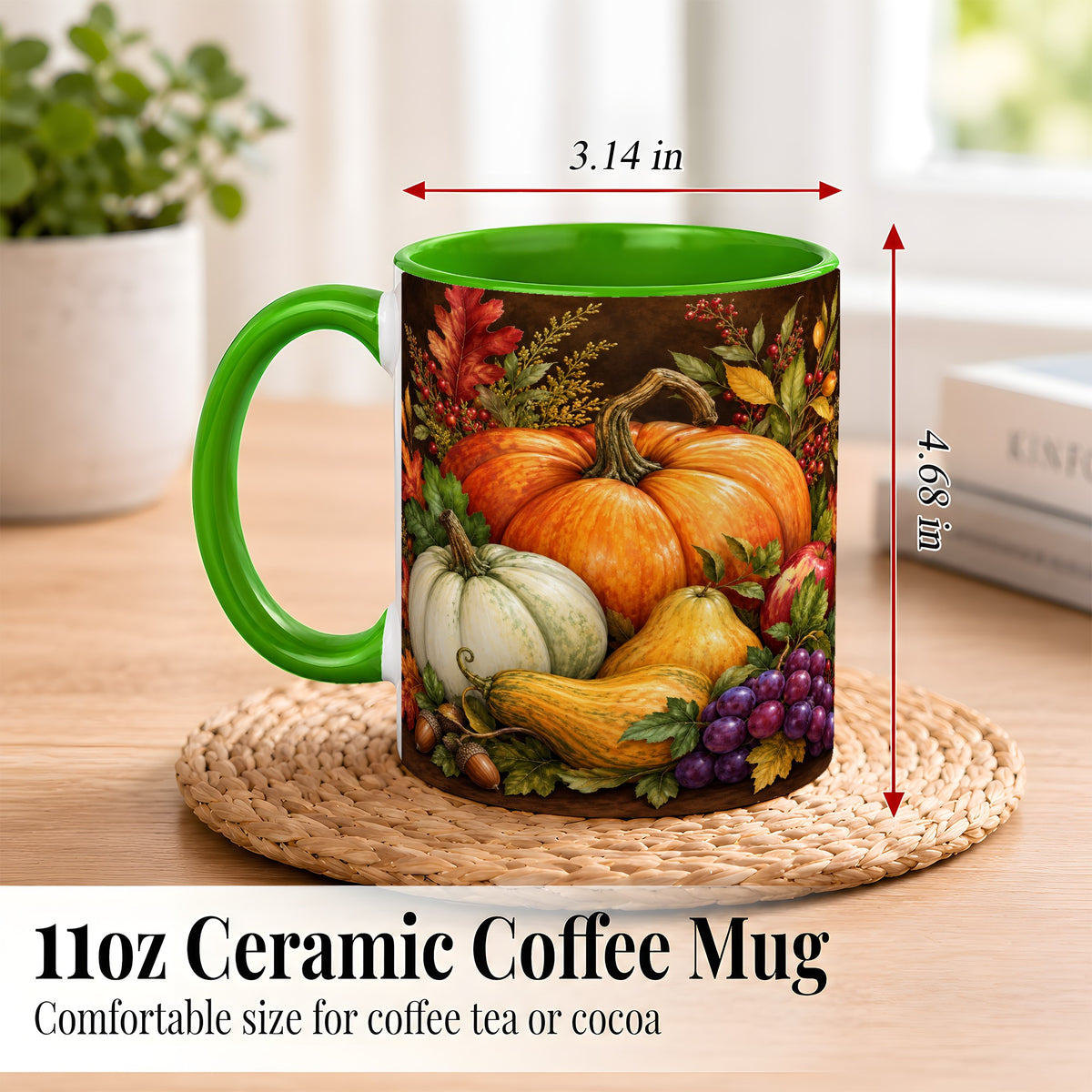 #pl[11oz|Green] Rustic Autumn Harvest Coffee Mug, Pumpkin Foliage Mug, Ceramic Cup