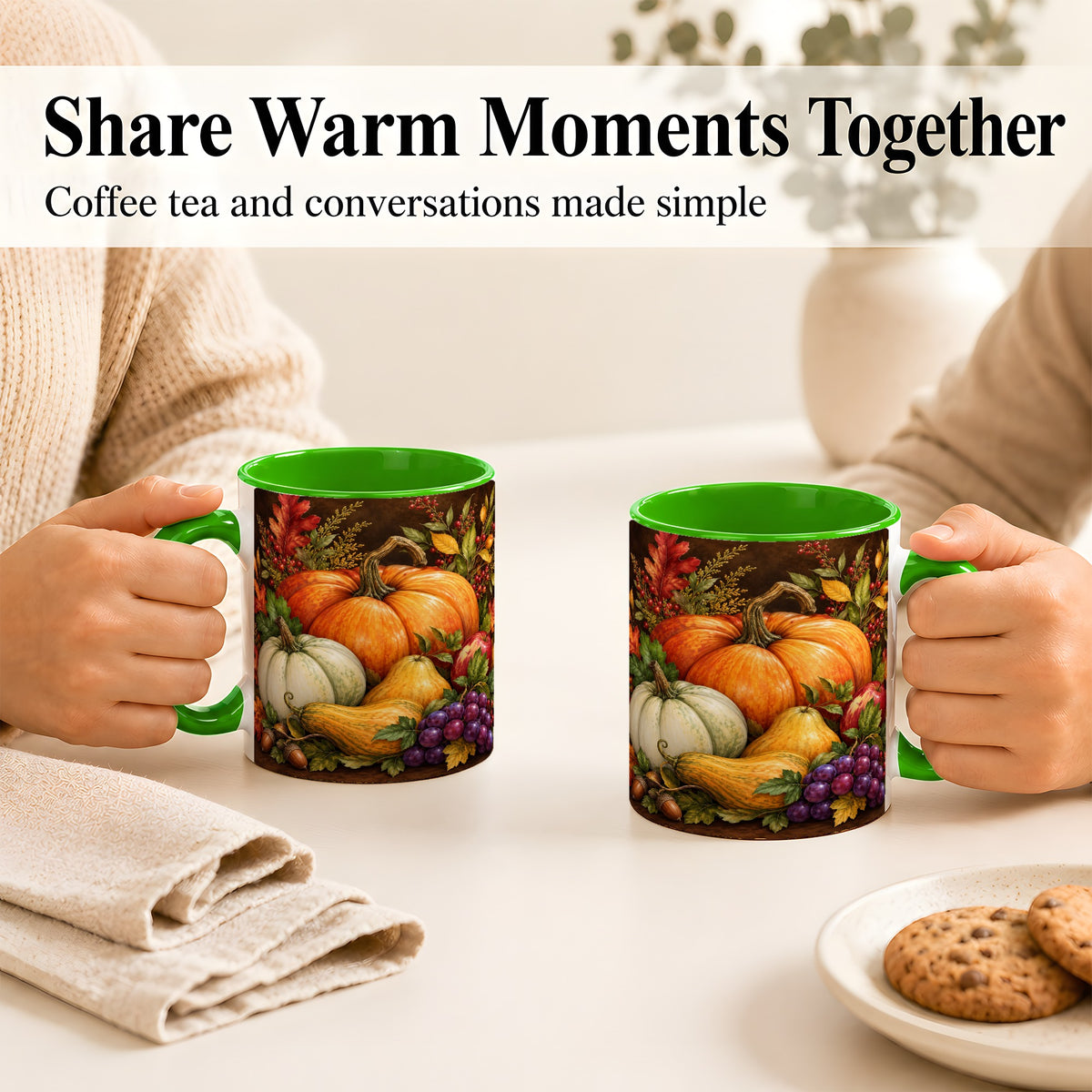#pl[11oz|Green] Rustic Autumn Harvest Coffee Mug, Pumpkin Foliage Mug, Ceramic Cup