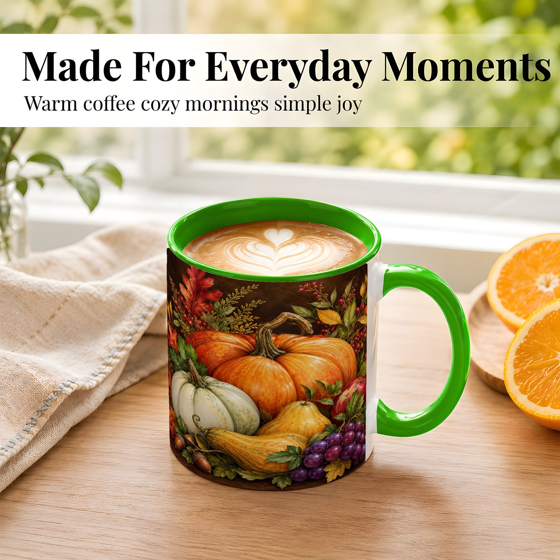 #pl[11oz|Green] Rustic Autumn Harvest Coffee Mug, Pumpkin Foliage Mug, Ceramic Cup