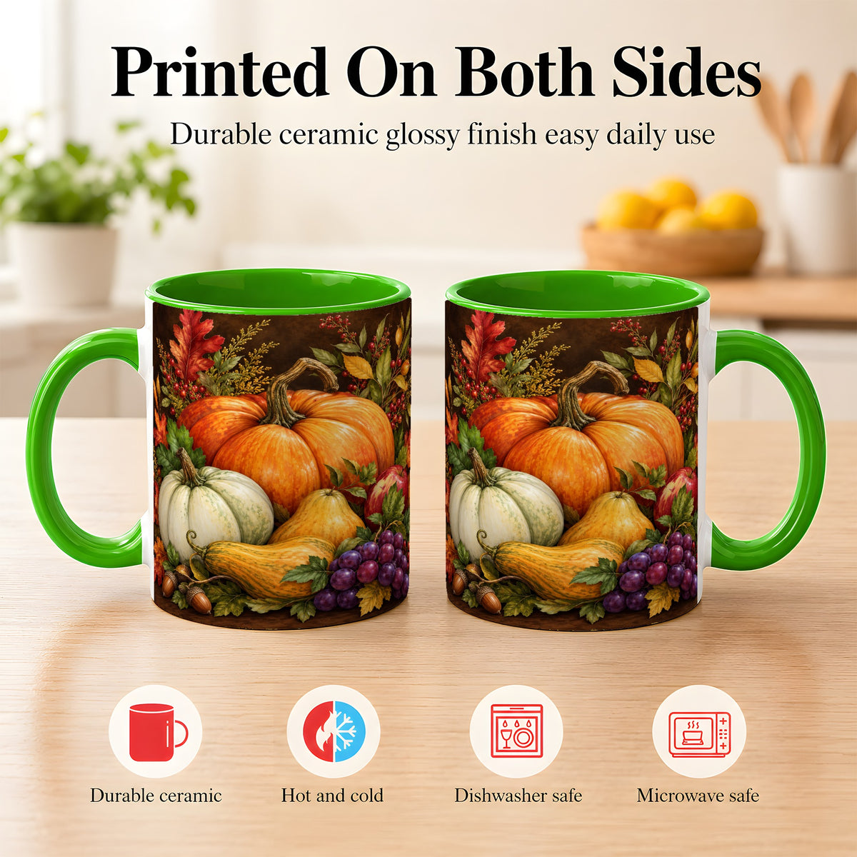 #pl[11oz|Green] Rustic Autumn Harvest Coffee Mug, Pumpkin Foliage Mug, Ceramic Cup