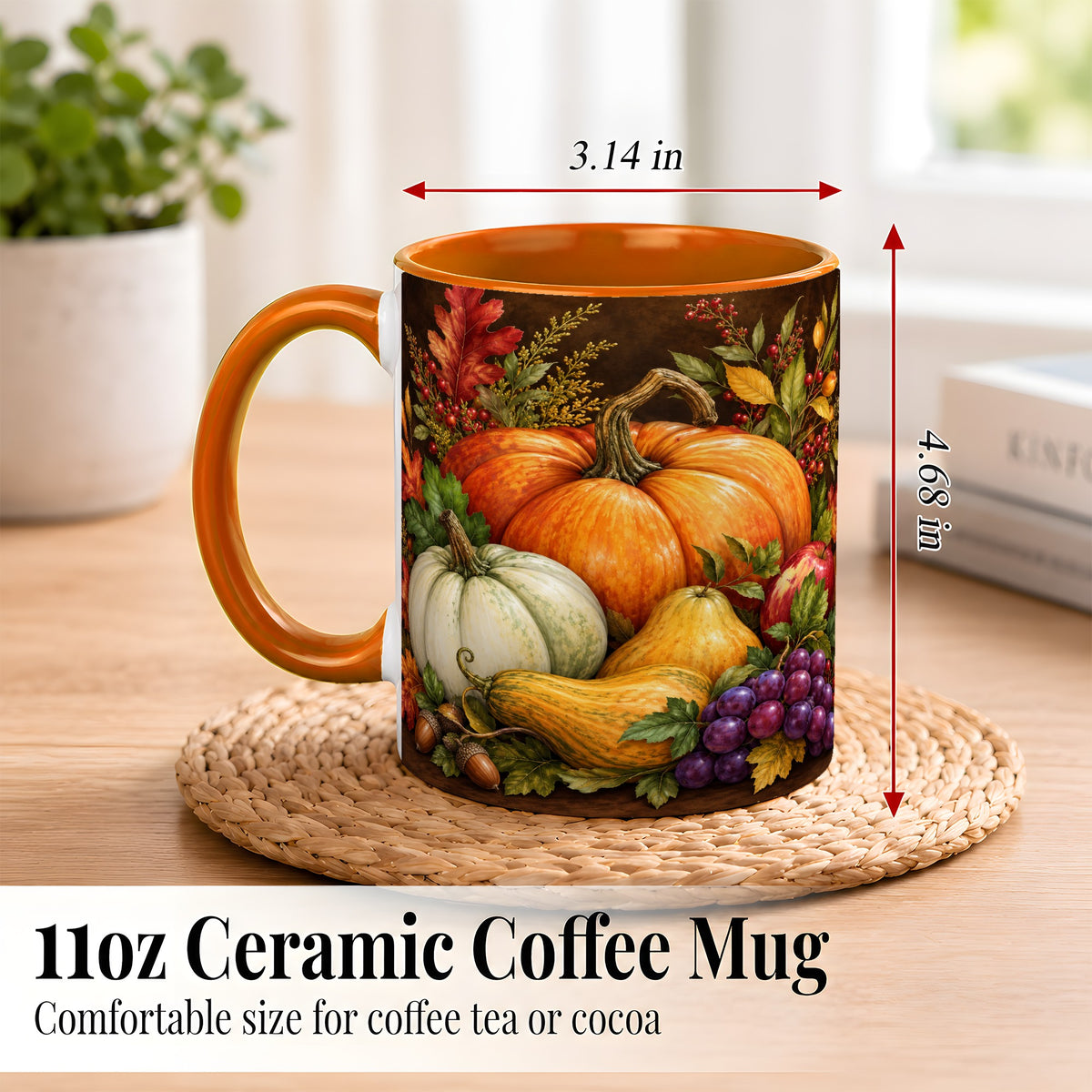 #pl[11oz|Orange] Rustic Autumn Harvest Coffee Mug, Pumpkin Foliage Mug, Ceramic Cup