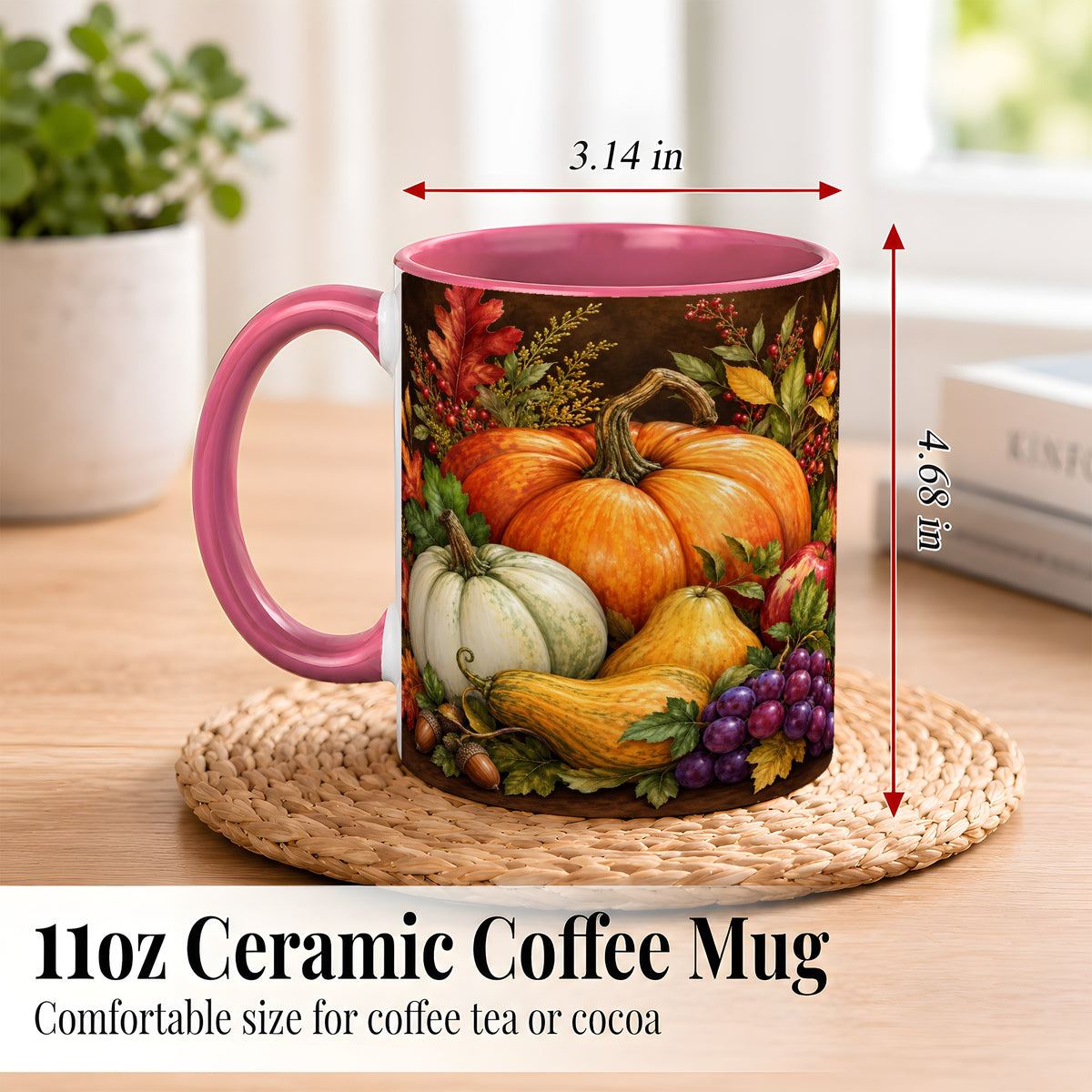 #pl[11oz|Pink] Rustic Autumn Harvest Coffee Mug, Pumpkin Foliage Mug, Ceramic Cup