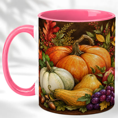 #pl[11oz|Pink] Rustic Autumn Harvest Coffee Mug, Pumpkin Foliage Mug, Ceramic Cup