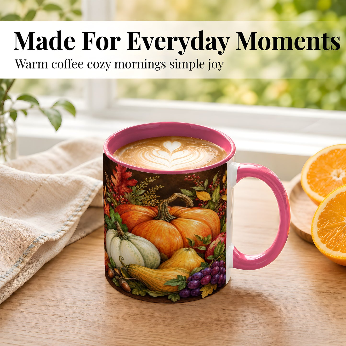 #pl[11oz|Pink] Rustic Autumn Harvest Coffee Mug, Pumpkin Foliage Mug, Ceramic Cup
