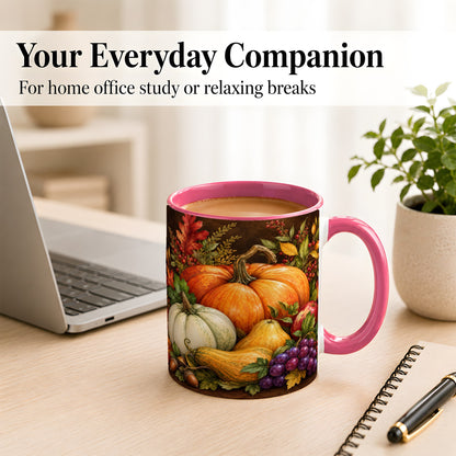 #pl[11oz|Pink] Rustic Autumn Harvest Coffee Mug, Pumpkin Foliage Mug, Ceramic Cup