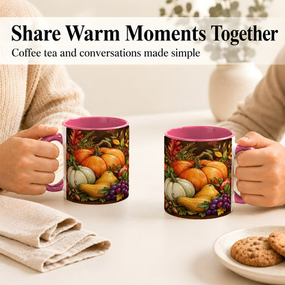#pl[11oz|Pink] Rustic Autumn Harvest Coffee Mug, Pumpkin Foliage Mug, Ceramic Cup