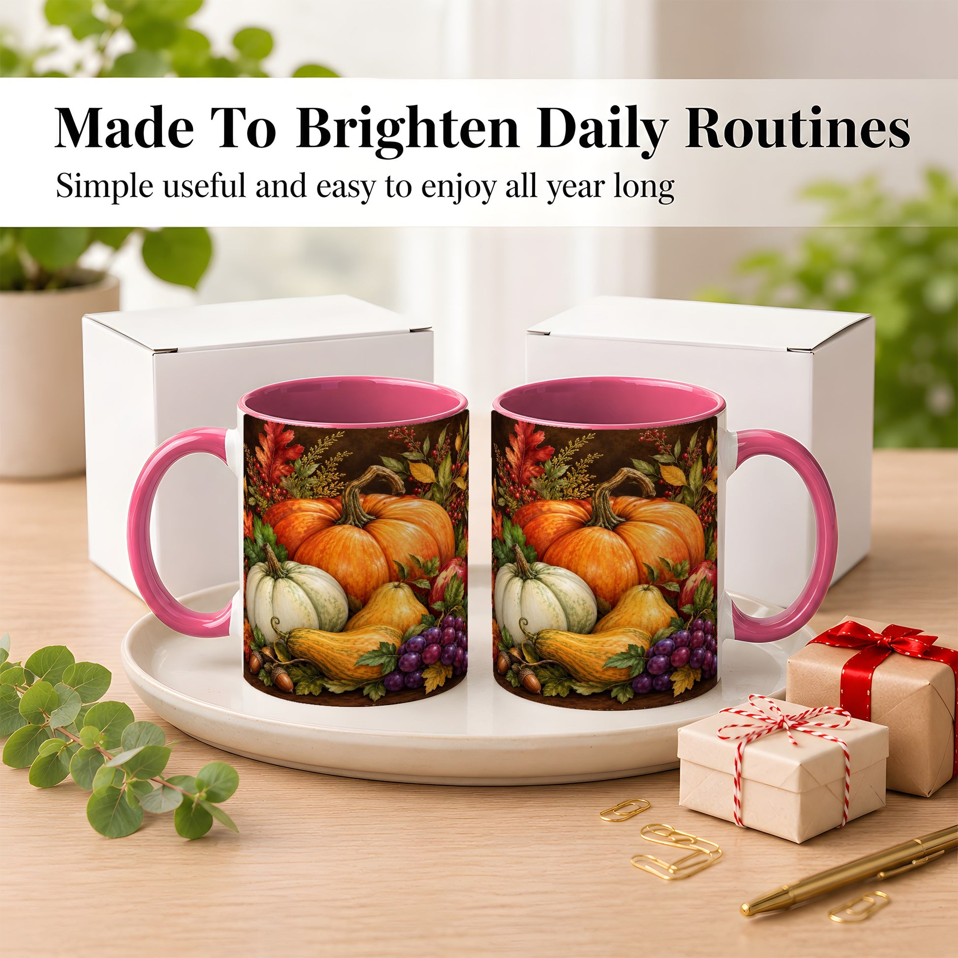 #pl[11oz|Pink] Rustic Autumn Harvest Coffee Mug, Pumpkin Foliage Mug, Ceramic Cup