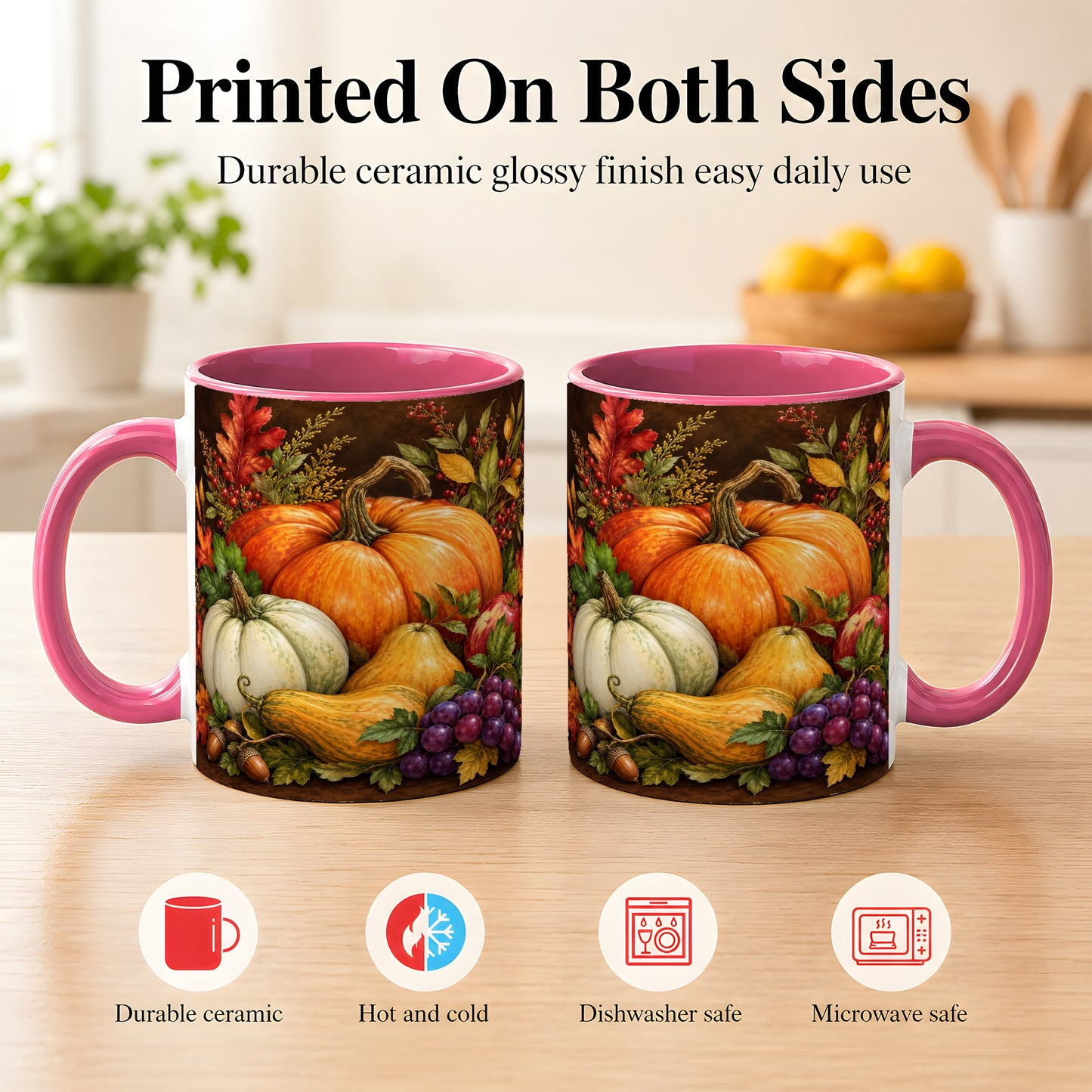 #pl[11oz|Pink] Rustic Autumn Harvest Coffee Mug, Pumpkin Foliage Mug, Ceramic Cup