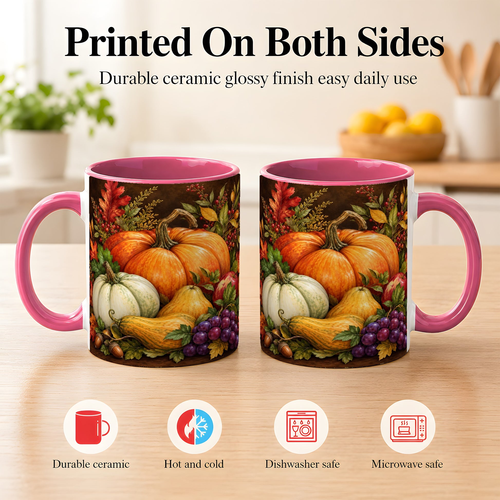 #pl[11oz|Pink] Rustic Autumn Harvest Coffee Mug, Pumpkin Foliage Mug, Ceramic Cup