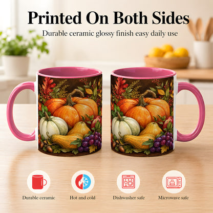 #pl[11oz|Pink] Rustic Autumn Harvest Coffee Mug, Pumpkin Foliage Mug, Ceramic Cup