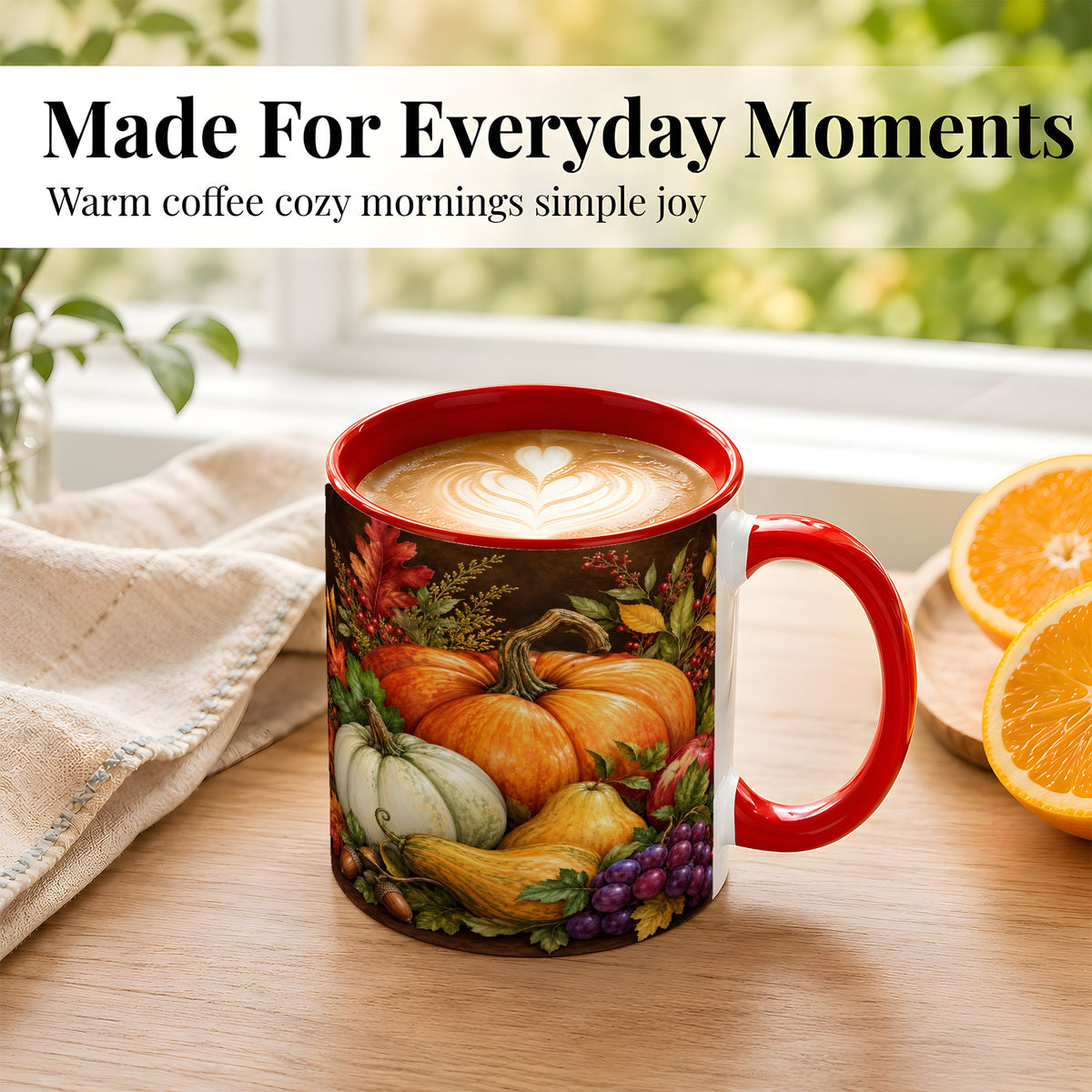 #pl[11oz|Red] Rustic Autumn Harvest Coffee Mug, Pumpkin Foliage Mug, Ceramic Cup