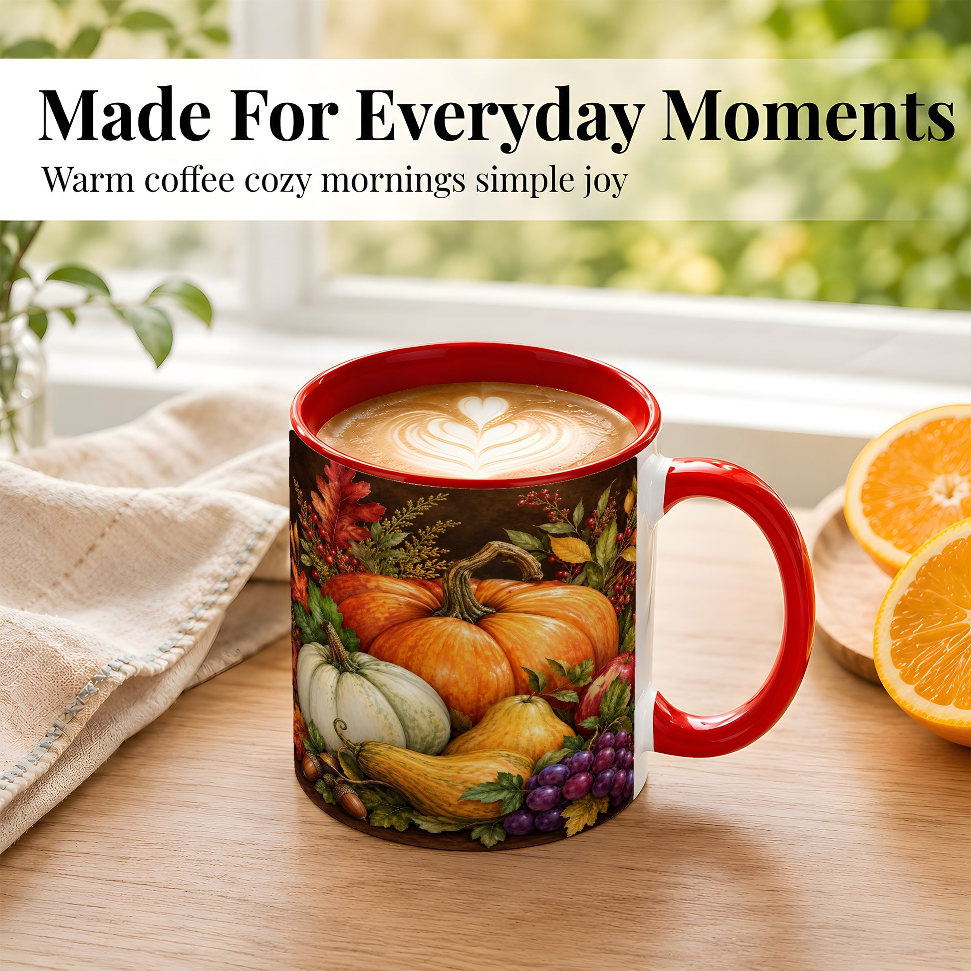 #pl[11oz|Red] Rustic Autumn Harvest Coffee Mug, Pumpkin Foliage Mug, Ceramic Cup