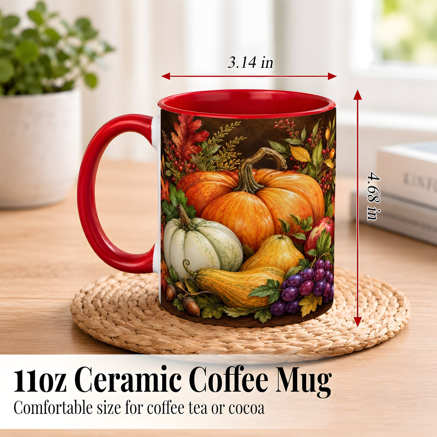 #pl[11oz|Red] Rustic Autumn Harvest Coffee Mug, Pumpkin Foliage Mug, Ceramic Cup
