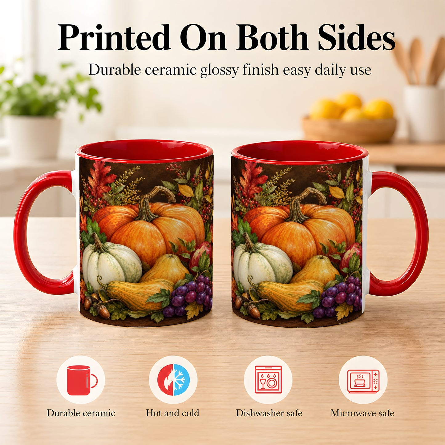 #pl[11oz|Red] Rustic Autumn Harvest Coffee Mug, Pumpkin Foliage Mug, Ceramic Cup