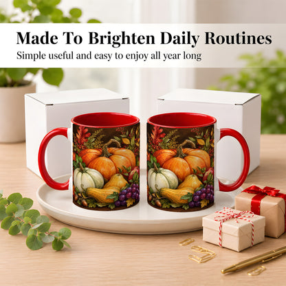 #pl[11oz|Red] Rustic Autumn Harvest Coffee Mug, Pumpkin Foliage Mug, Ceramic Cup