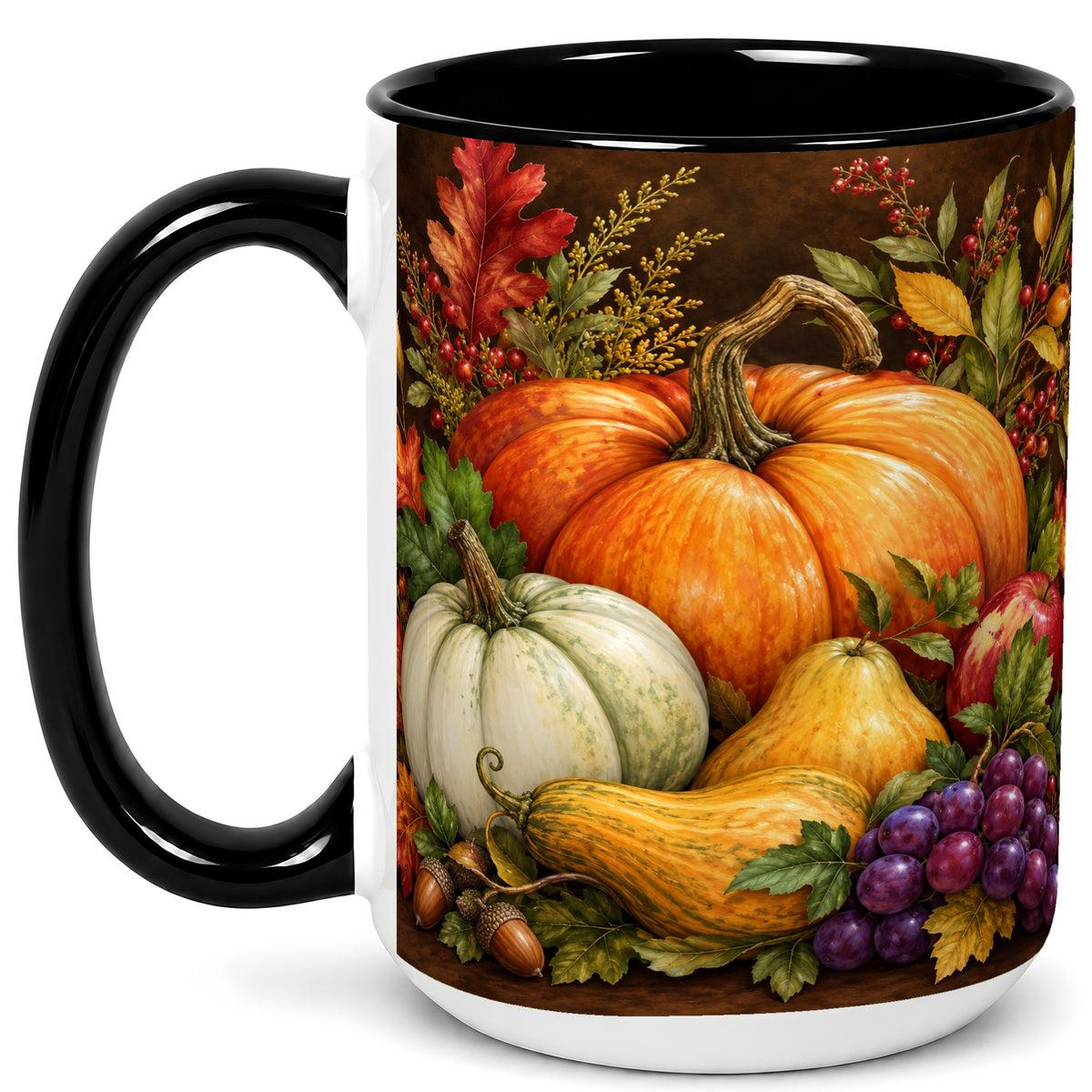 #pl[15oz|Black] Rustic Autumn Harvest Coffee Mug, Pumpkin Foliage Mug, Ceramic Cup