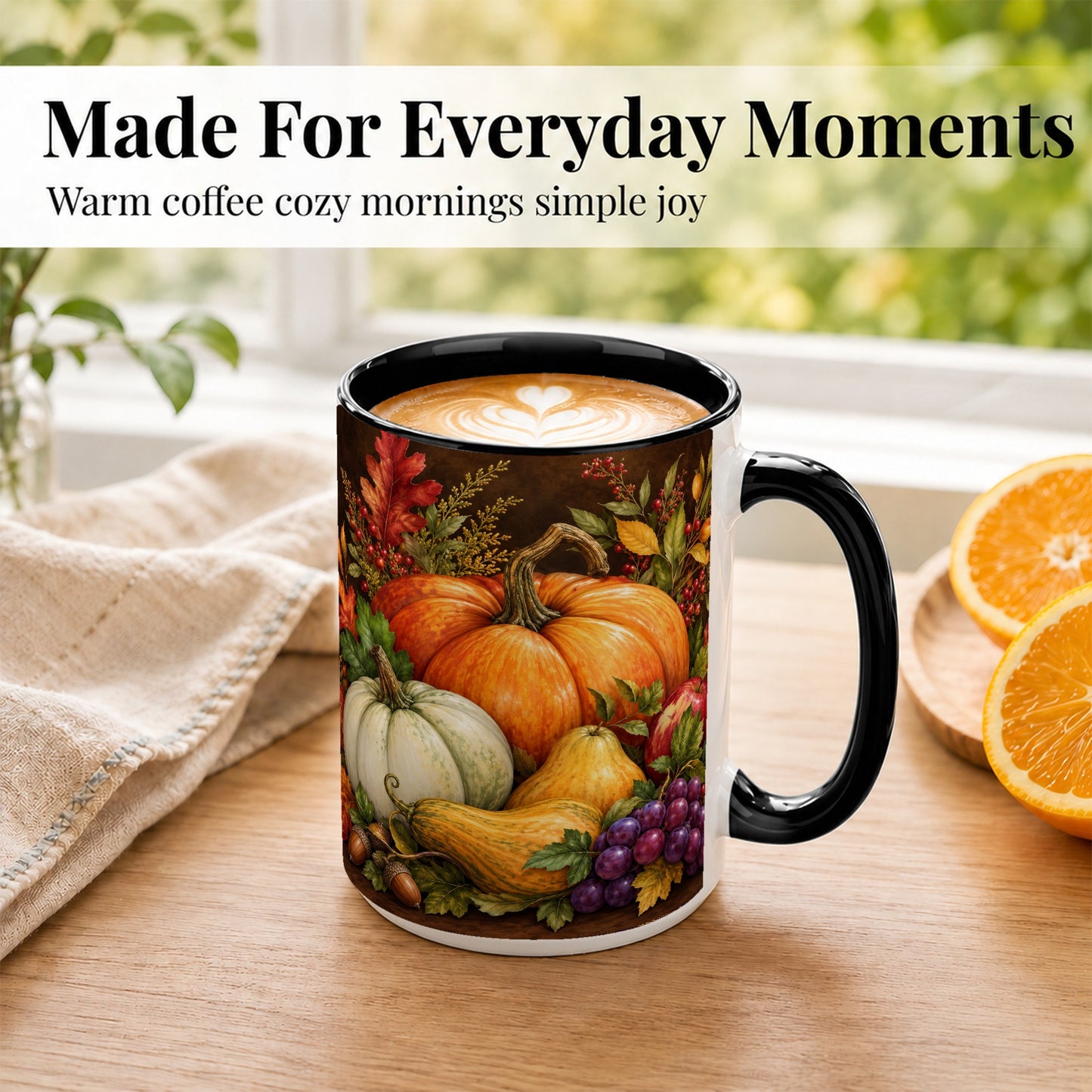 #pl[15oz|Black] Rustic Autumn Harvest Coffee Mug, Pumpkin Foliage Mug, Ceramic Cup