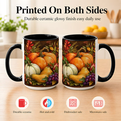 #pl[15oz|Black] Rustic Autumn Harvest Coffee Mug, Pumpkin Foliage Mug, Ceramic Cup