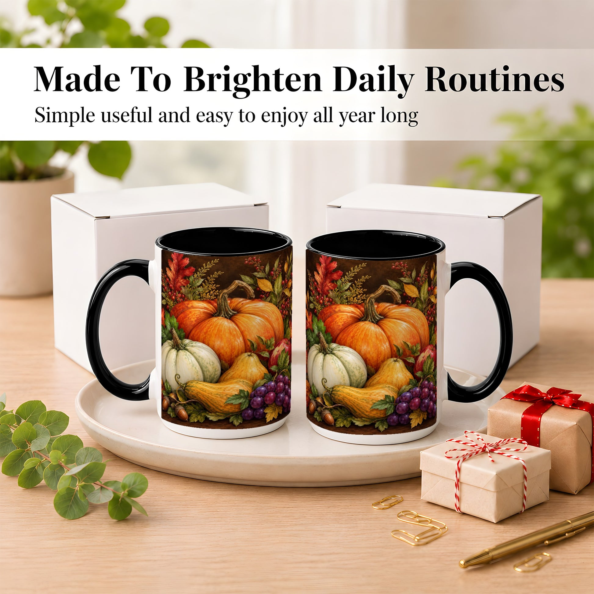 #pl[15oz|Black] Rustic Autumn Harvest Coffee Mug, Pumpkin Foliage Mug, Ceramic Cup