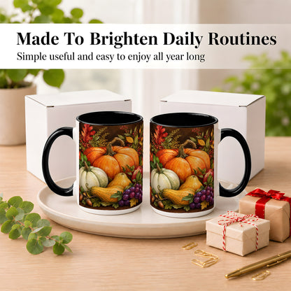 #pl[15oz|Black] Rustic Autumn Harvest Coffee Mug, Pumpkin Foliage Mug, Ceramic Cup