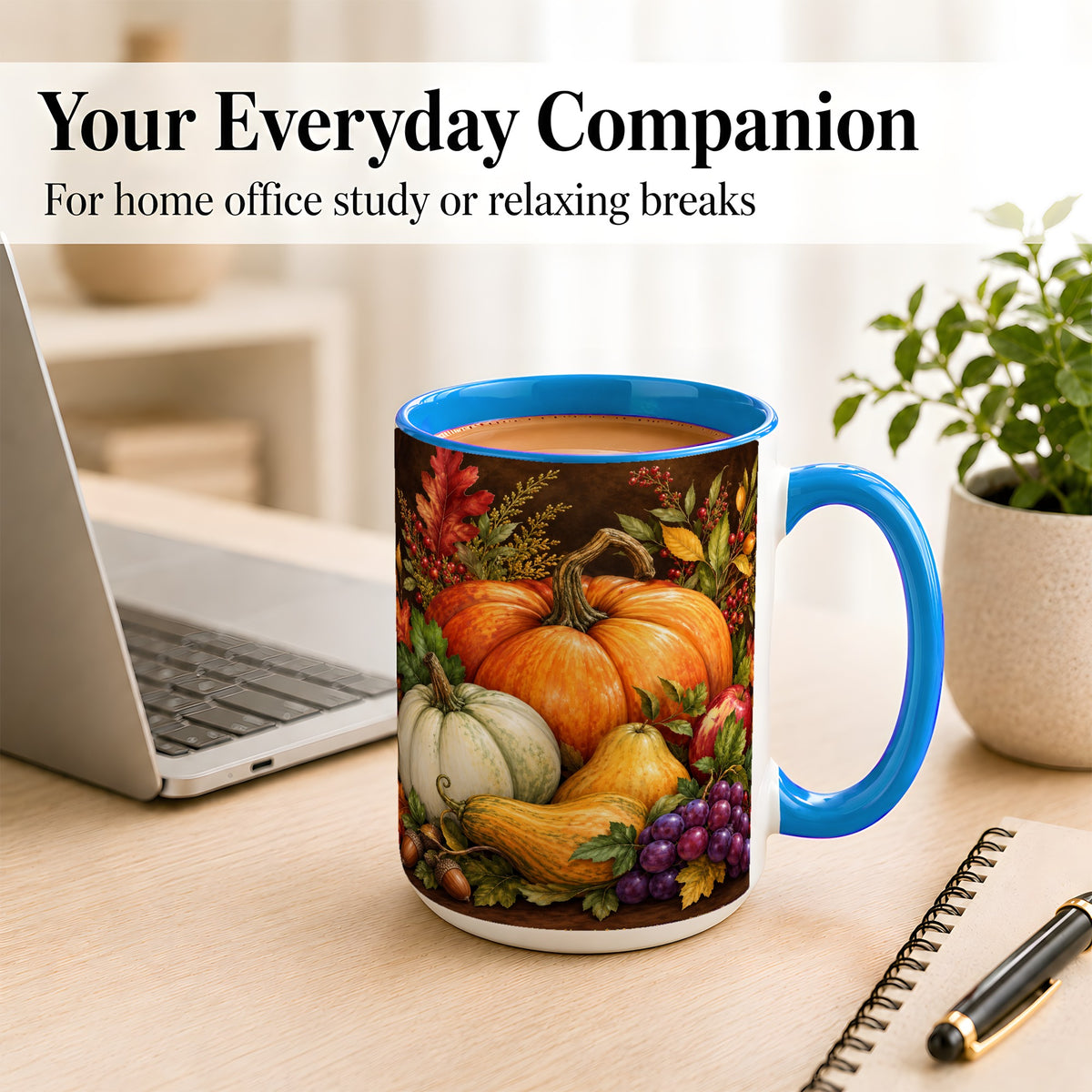 #pl[15oz|Blue] Rustic Autumn Harvest Coffee Mug, Pumpkin Foliage Mug, Ceramic Cup