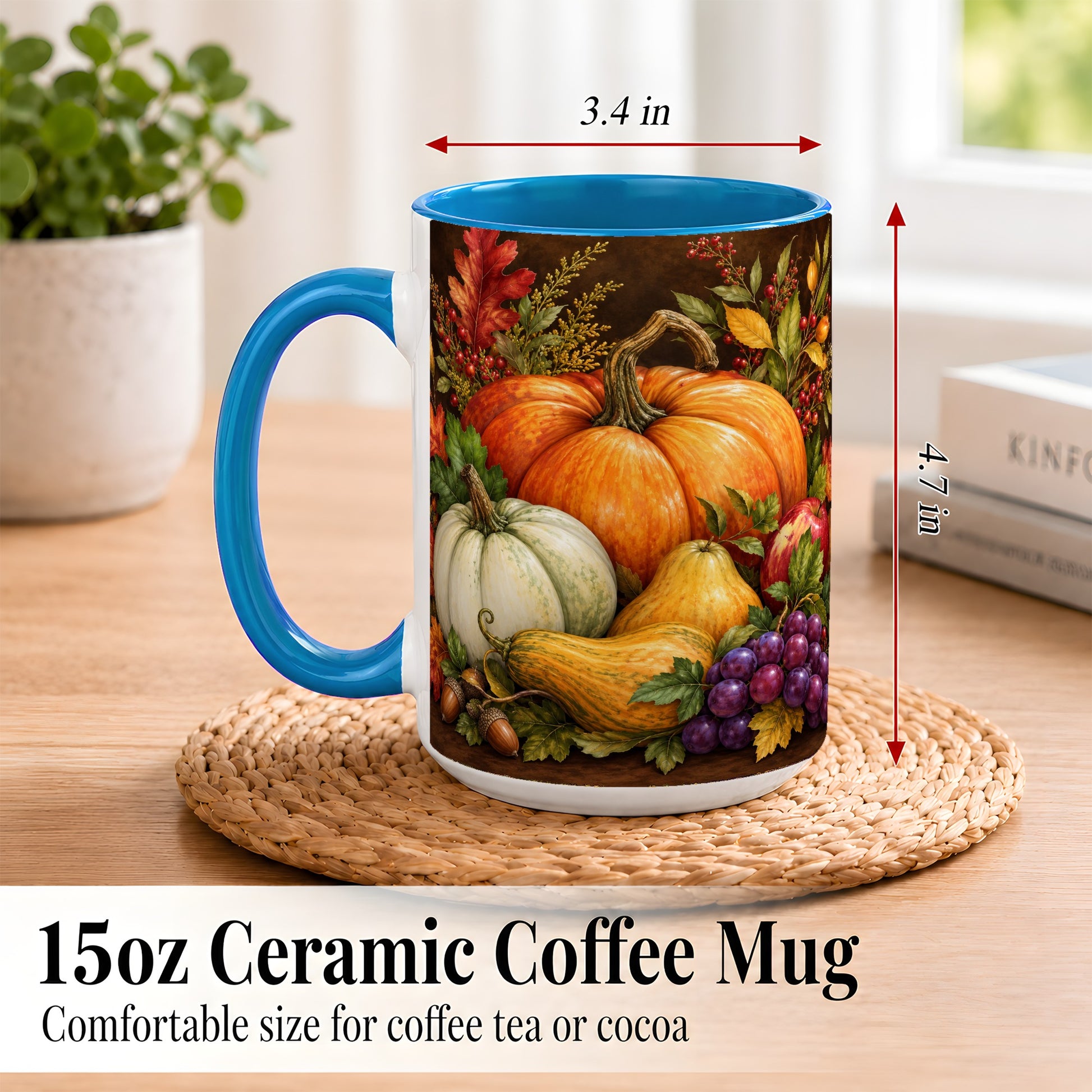 #pl[15oz|Blue] Rustic Autumn Harvest Coffee Mug, Pumpkin Foliage Mug, Ceramic Cup
