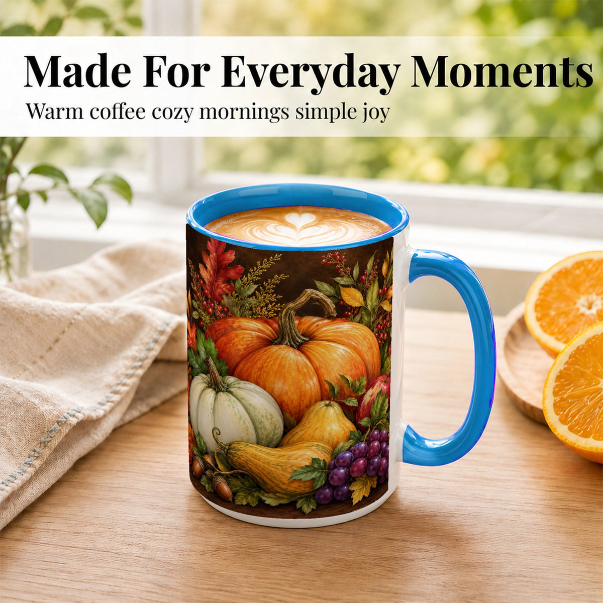 #pl[15oz|Blue] Rustic Autumn Harvest Coffee Mug, Pumpkin Foliage Mug, Ceramic Cup
