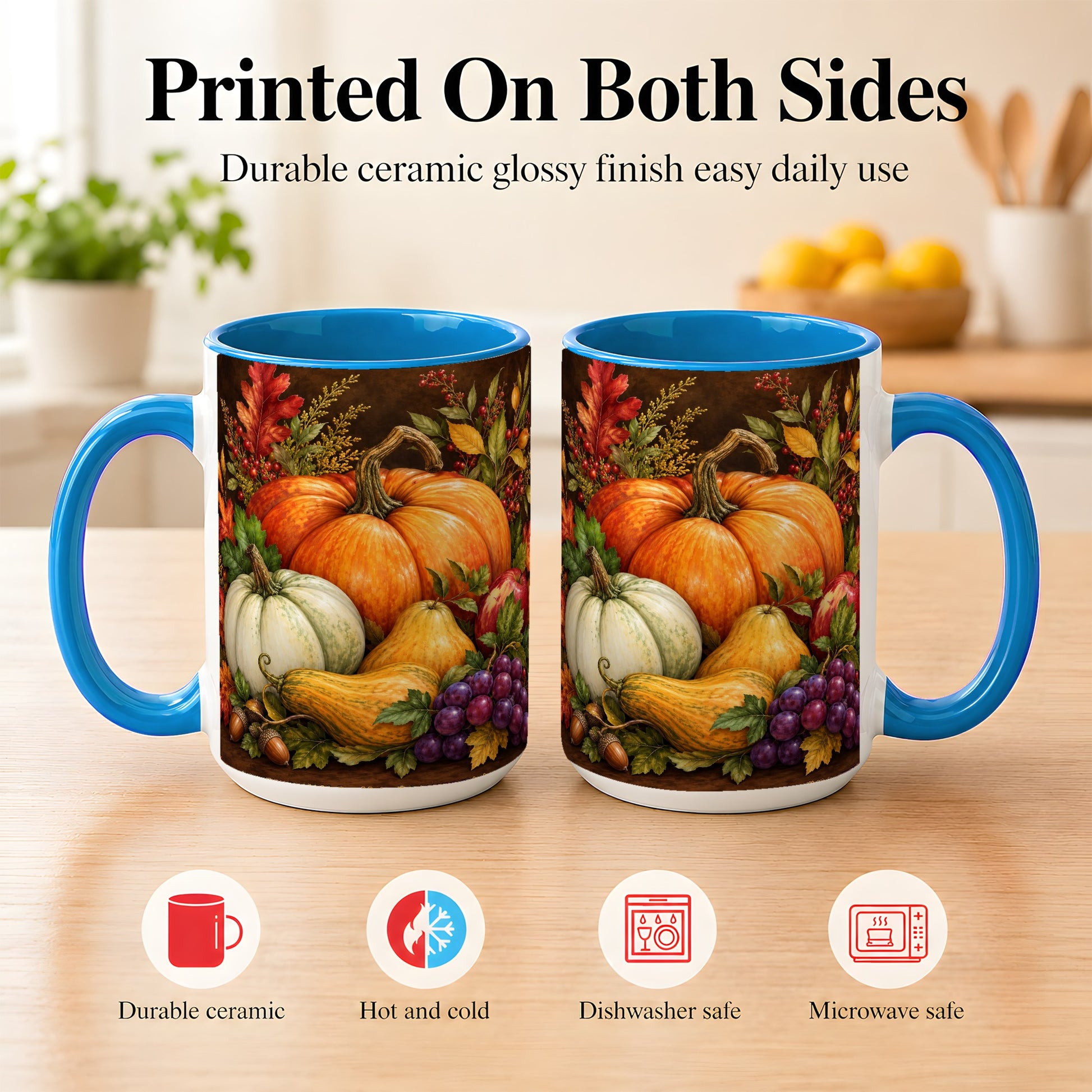 #pl[15oz|Blue] Rustic Autumn Harvest Coffee Mug, Pumpkin Foliage Mug, Ceramic Cup