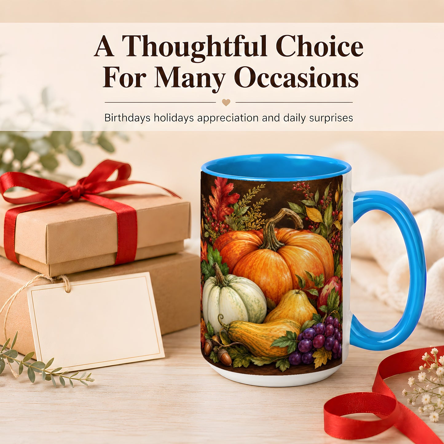 #pl[15oz|Blue] Rustic Autumn Harvest Coffee Mug, Pumpkin Foliage Mug, Ceramic Cup