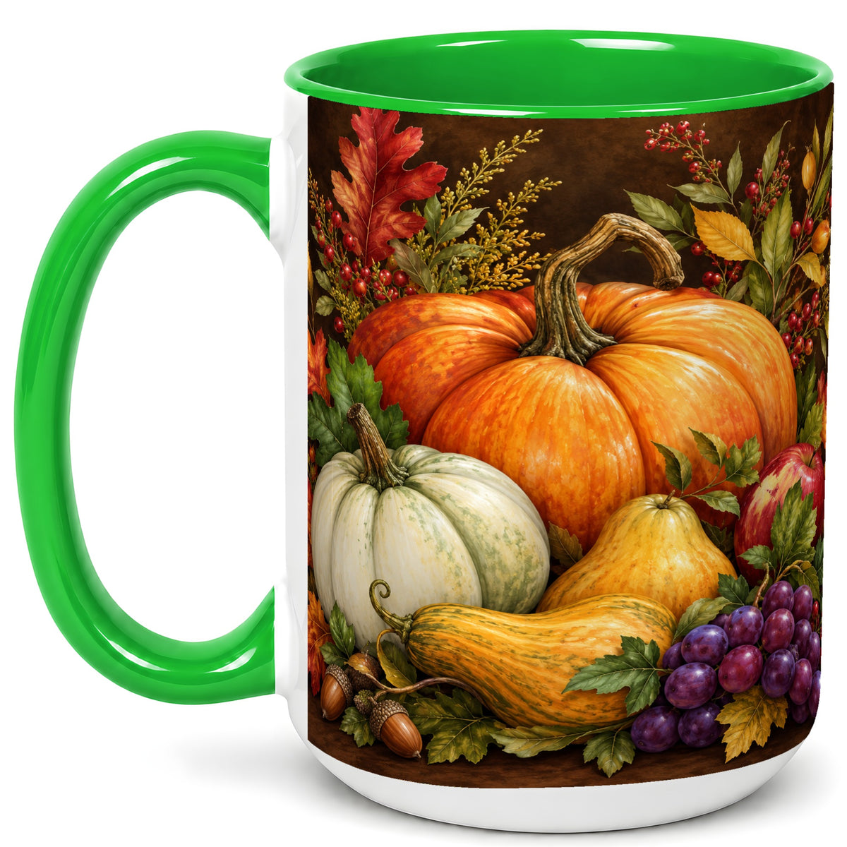 #pl[15oz|Green] Rustic Autumn Harvest Coffee Mug, Pumpkin Foliage Mug, Ceramic Cup