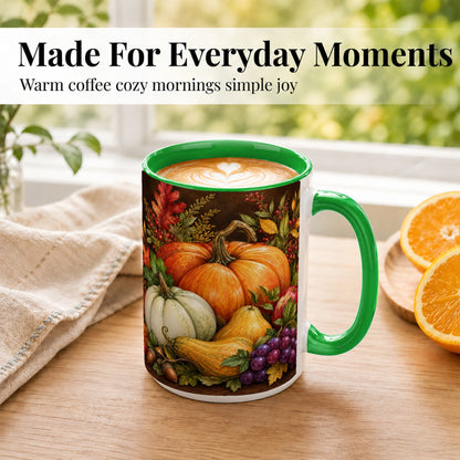 #pl[15oz|Green] Rustic Autumn Harvest Coffee Mug, Pumpkin Foliage Mug, Ceramic Cup
