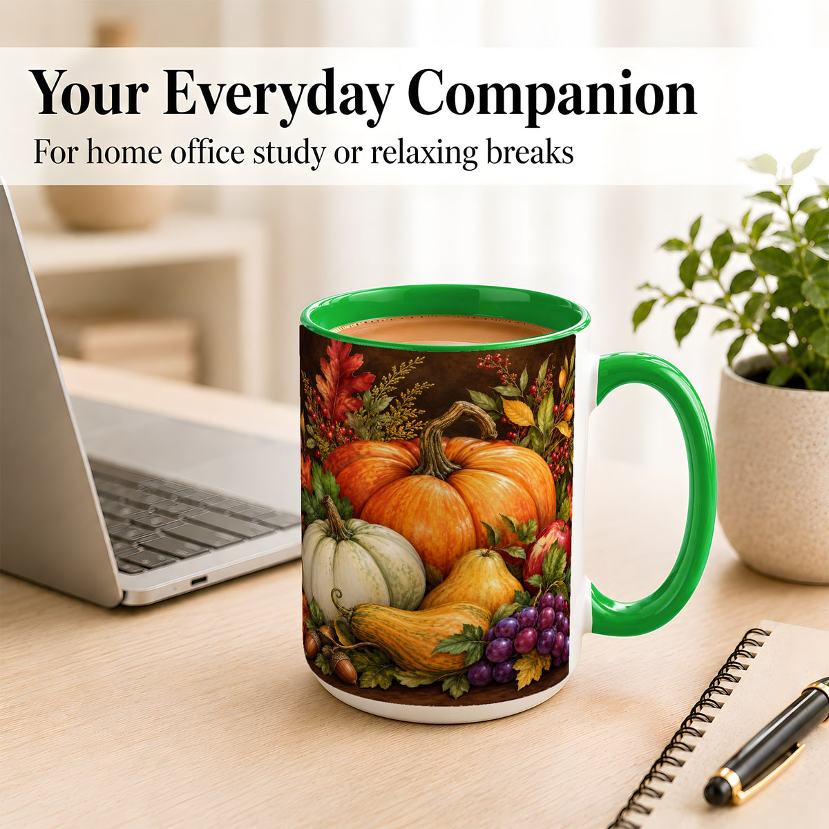 #pl[15oz|Green] Rustic Autumn Harvest Coffee Mug, Pumpkin Foliage Mug, Ceramic Cup