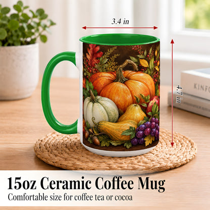 #pl[15oz|Green] Rustic Autumn Harvest Coffee Mug, Pumpkin Foliage Mug, Ceramic Cup