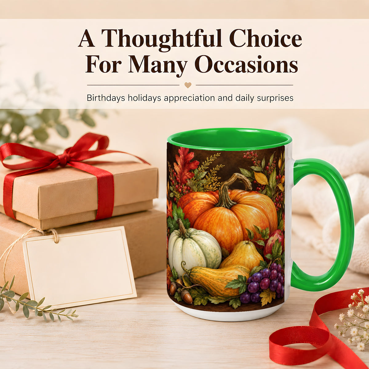 #pl[15oz|Green] Rustic Autumn Harvest Coffee Mug, Pumpkin Foliage Mug, Ceramic Cup