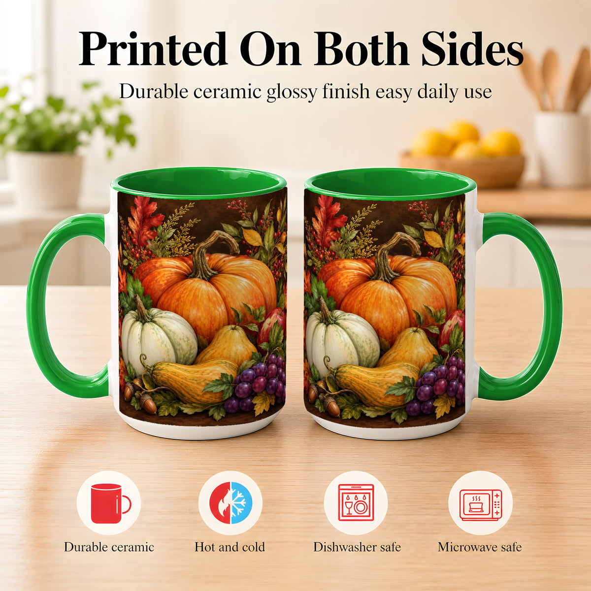 #pl[15oz|Green] Rustic Autumn Harvest Coffee Mug, Pumpkin Foliage Mug, Ceramic Cup