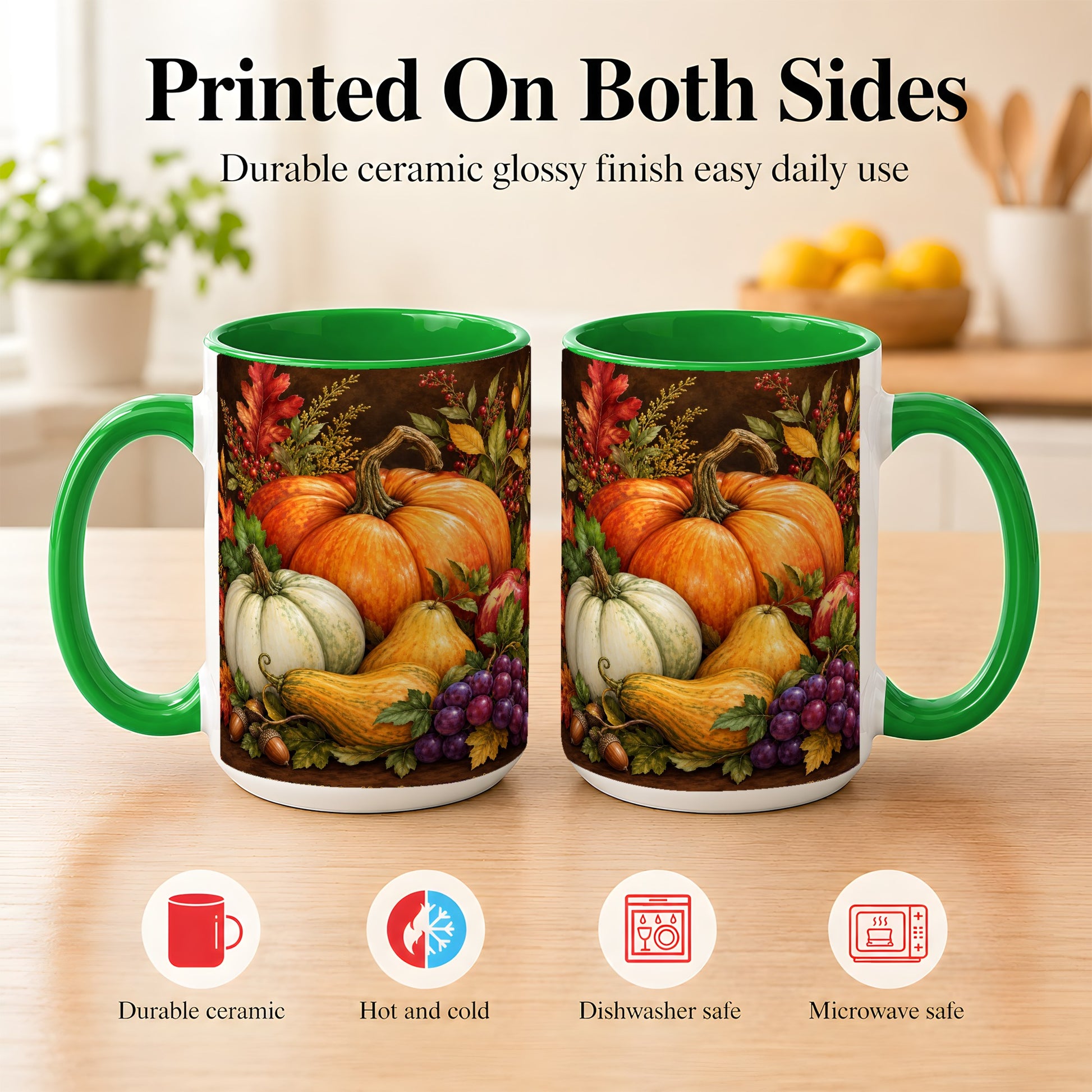 #pl[15oz|Green] Rustic Autumn Harvest Coffee Mug, Pumpkin Foliage Mug, Ceramic Cup