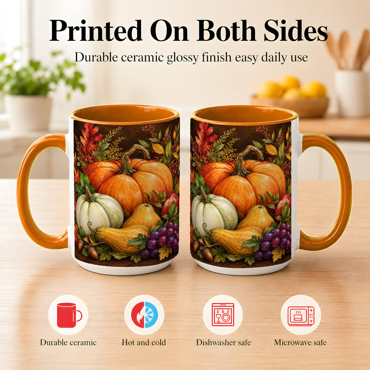 #pl[15oz|Orange] Rustic Autumn Harvest Coffee Mug, Pumpkin Foliage Mug, Ceramic Cup