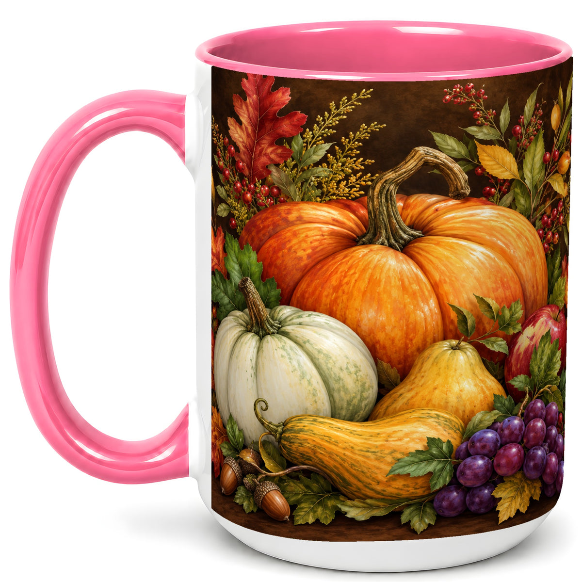 #pl[15oz|Pink] Rustic Autumn Harvest Coffee Mug, Pumpkin Foliage Mug, Ceramic Cup