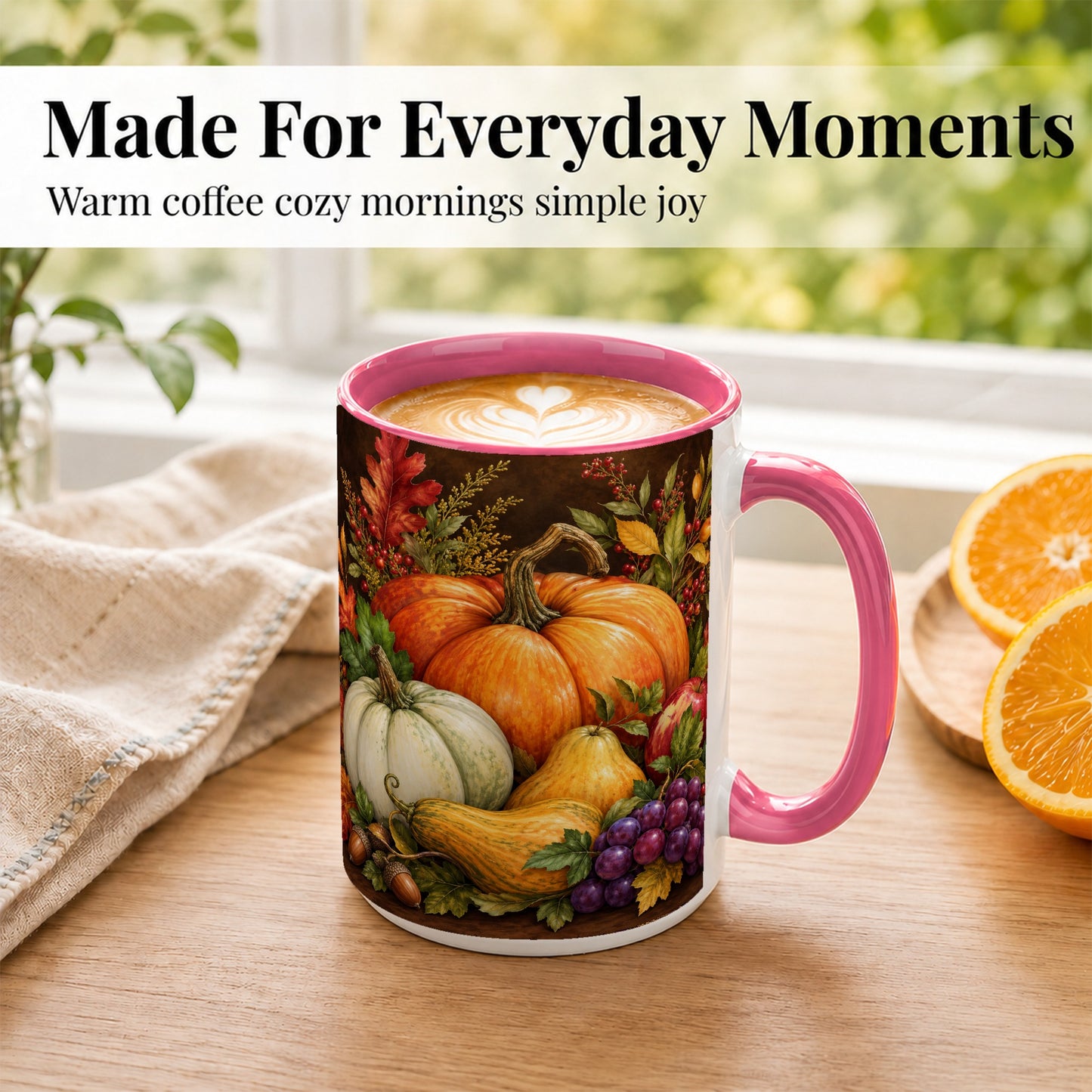 #pl[15oz|Pink] Rustic Autumn Harvest Coffee Mug, Pumpkin Foliage Mug, Ceramic Cup