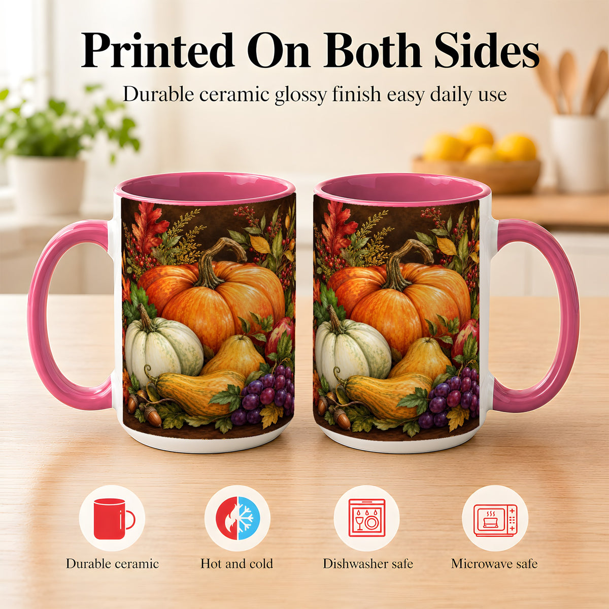 #pl[15oz|Pink] Rustic Autumn Harvest Coffee Mug, Pumpkin Foliage Mug, Ceramic Cup