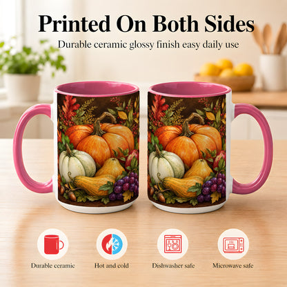 #pl[15oz|Pink] Rustic Autumn Harvest Coffee Mug, Pumpkin Foliage Mug, Ceramic Cup