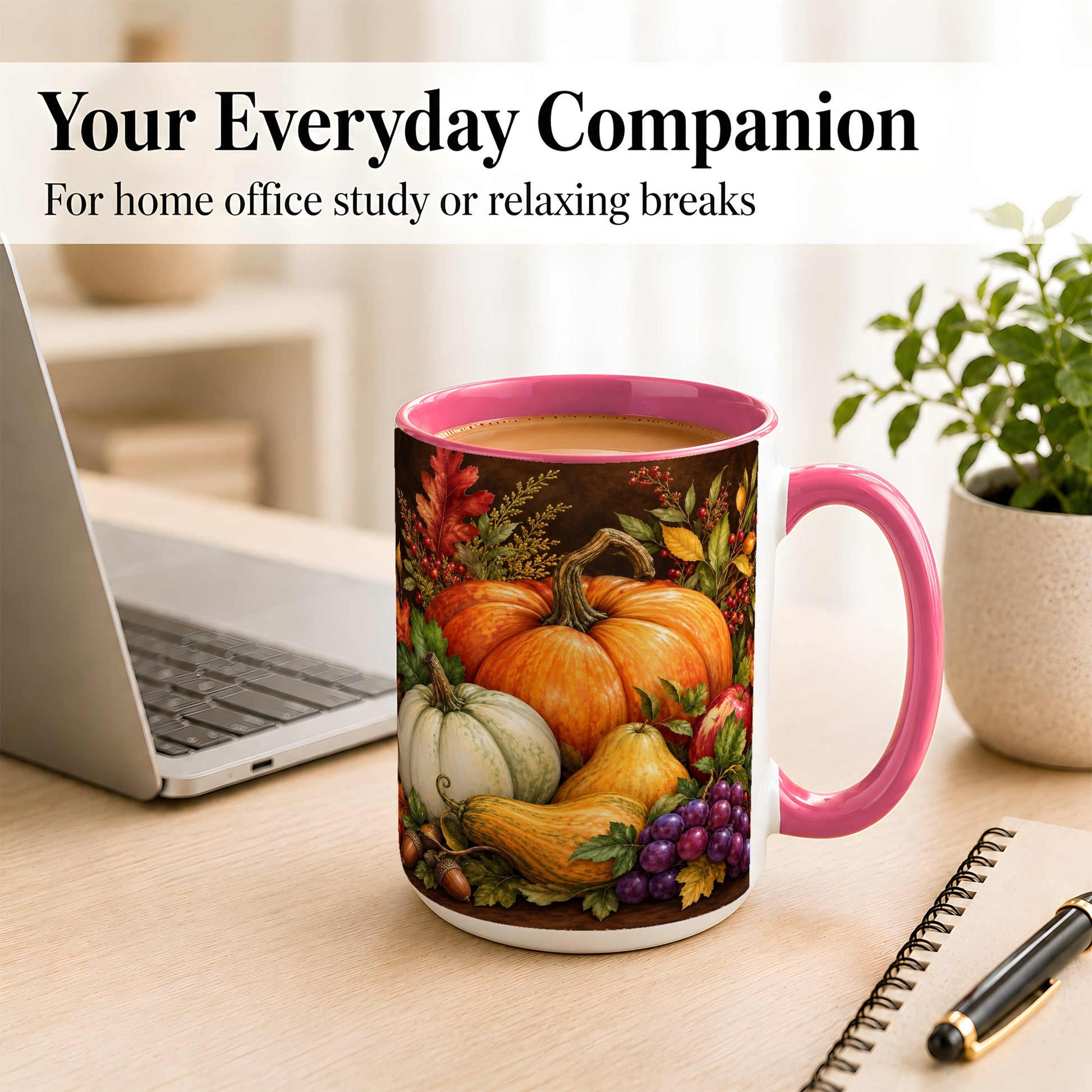 #pl[15oz|Pink] Rustic Autumn Harvest Coffee Mug, Pumpkin Foliage Mug, Ceramic Cup