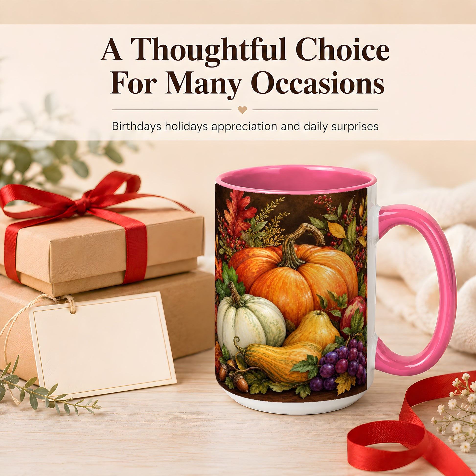 #pl[15oz|Pink] Rustic Autumn Harvest Coffee Mug, Pumpkin Foliage Mug, Ceramic Cup