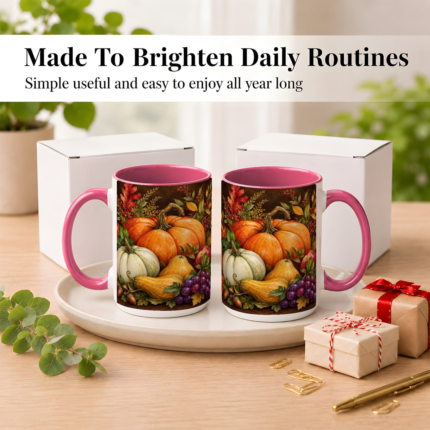 #pl[15oz|Pink] Rustic Autumn Harvest Coffee Mug, Pumpkin Foliage Mug, Ceramic Cup