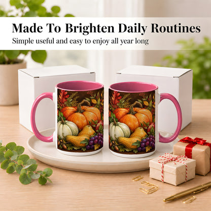 #pl[15oz|Pink] Rustic Autumn Harvest Coffee Mug, Pumpkin Foliage Mug, Ceramic Cup